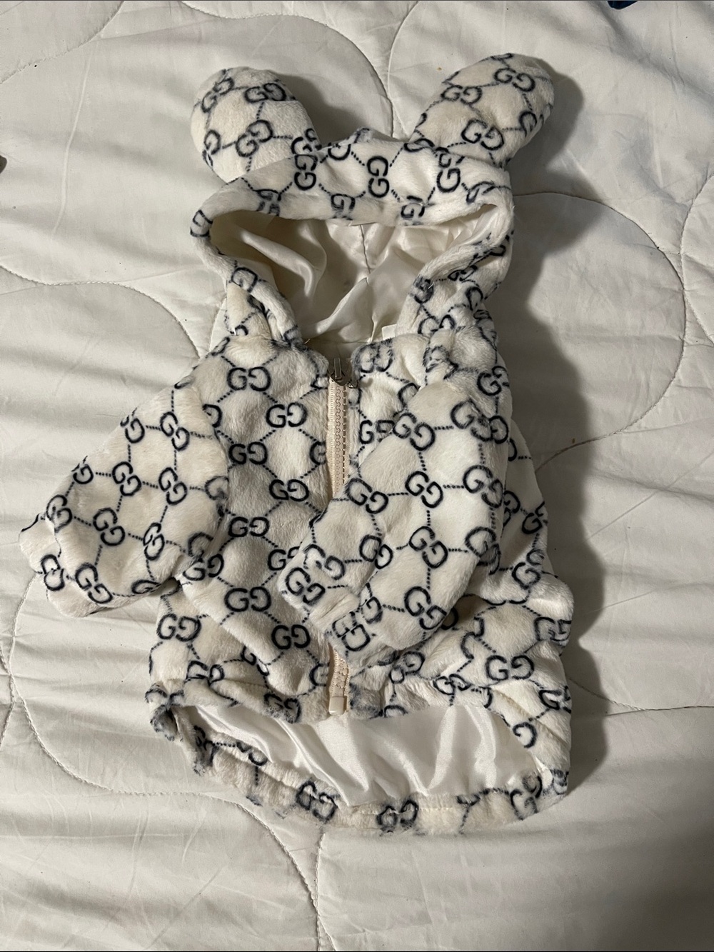 Designer-Inspired White & Black Logo Print Dog Jacket with Ears